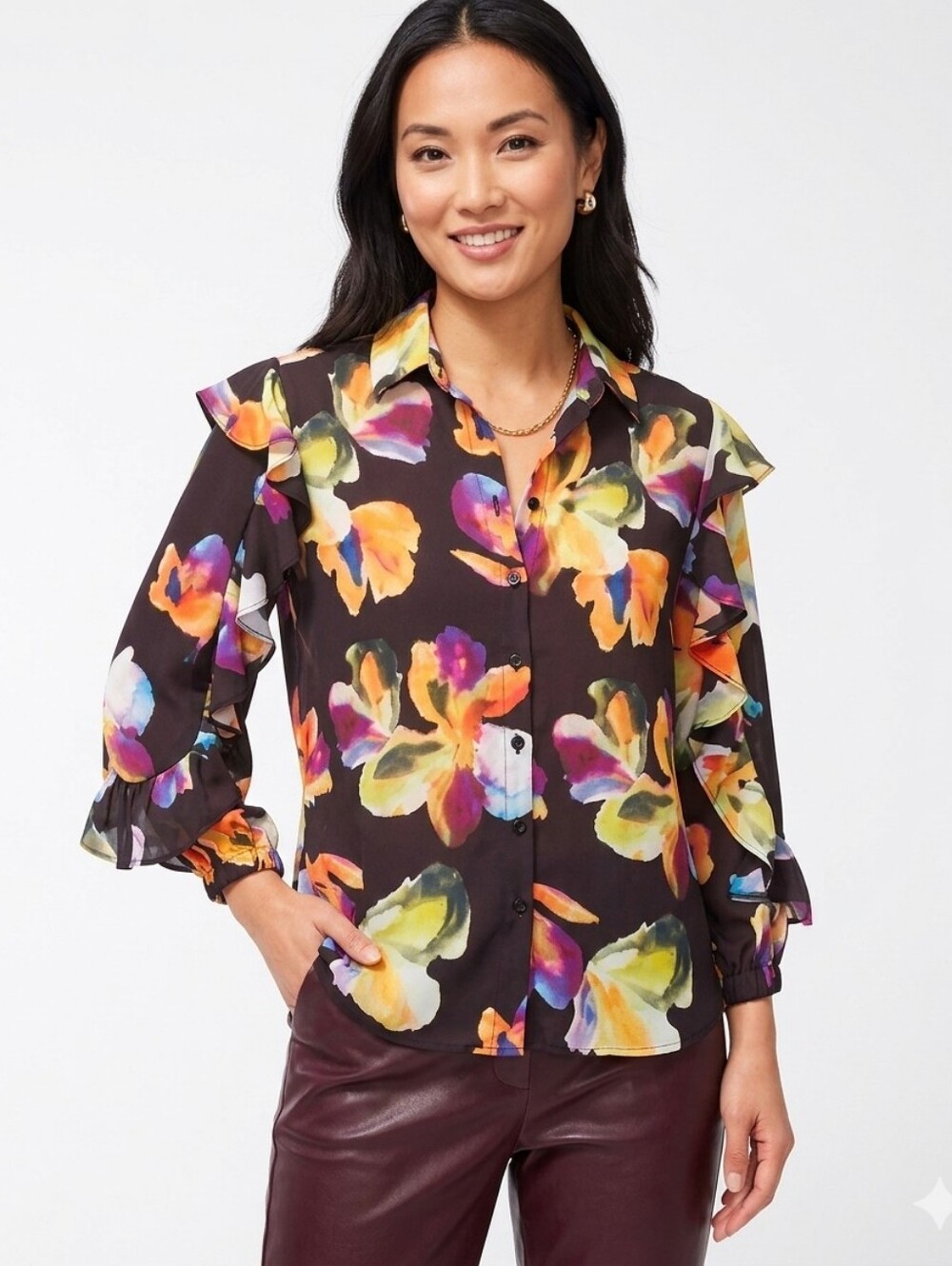 Chico's Colorful Floral Ruffle Blouse - Black and Multicolor